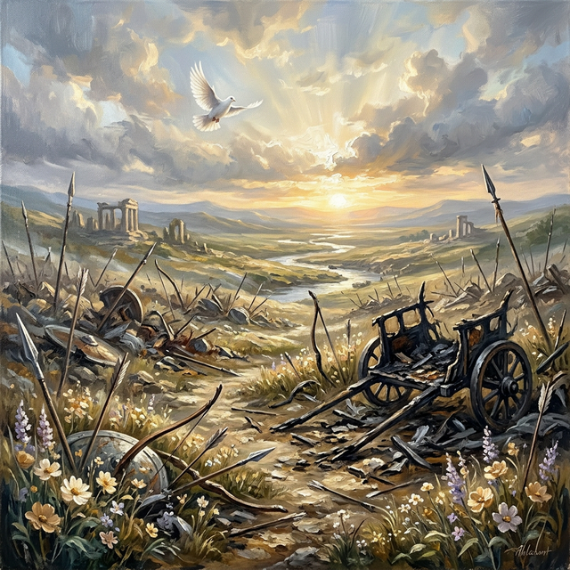 Wars cease — broken weapons, dawn breaking, divine peace