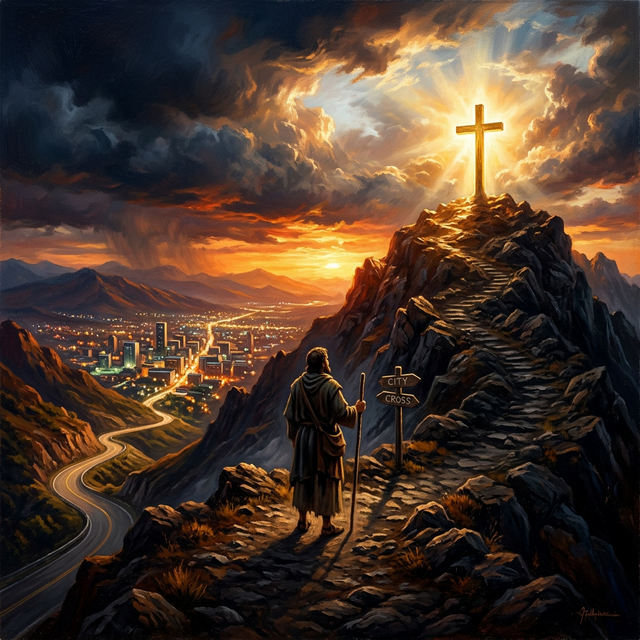 Person at crossroads choosing between comfort and the cross