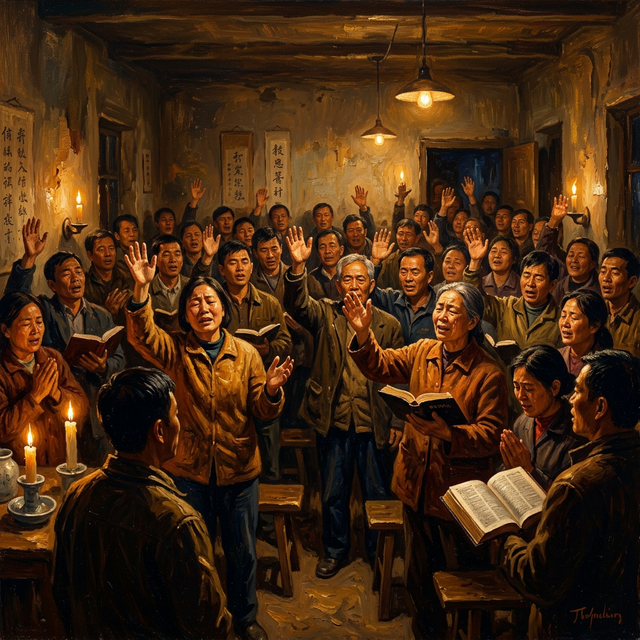 Underground Chinese house church with believers worshiping passionately