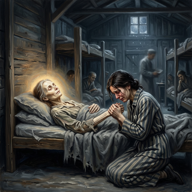 Betsie ten Boom dying peacefully in Ravensbrück as Corrie holds her hand