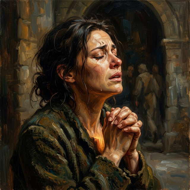 Corrie in anguish, eyes closed, tears streaming, praying desperately in the church basement
