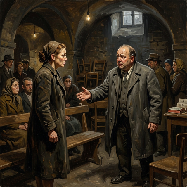 The former Ravensbrück guard extending his hand toward a frozen Corrie in a Munich church basement