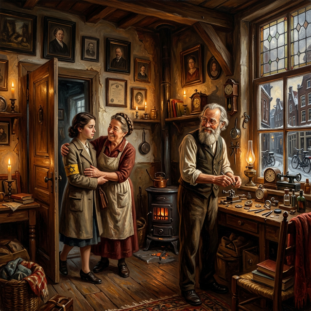 Casper ten Boom welcoming a Jewish refugee into the warm Haarlem watchmaker shop