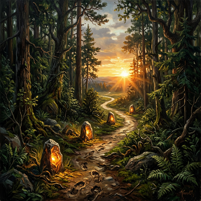 Forest path toward sunrise with glowing stones