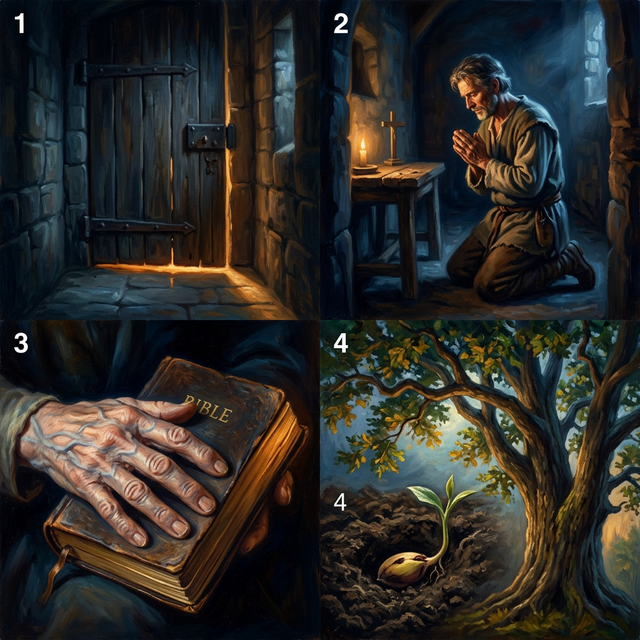 Four scenes: closed door, secret prayer, Bible, seed growing