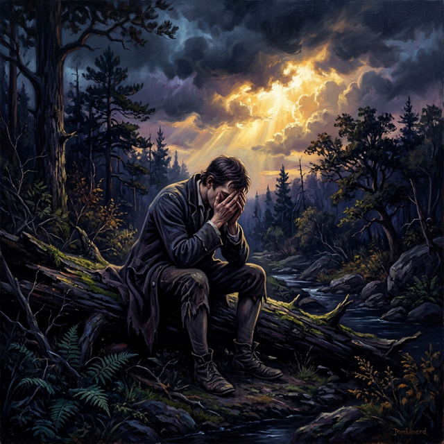 Brainerd in despair with light breaking through clouds