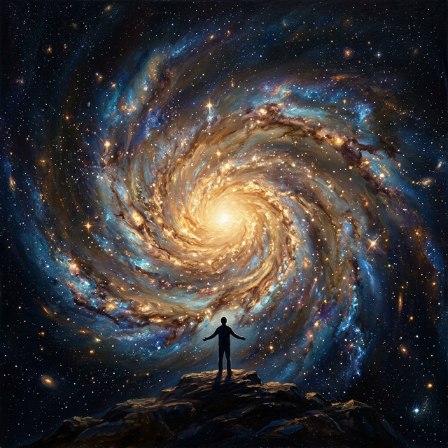 Human silhouette standing before a massive spiral galaxy