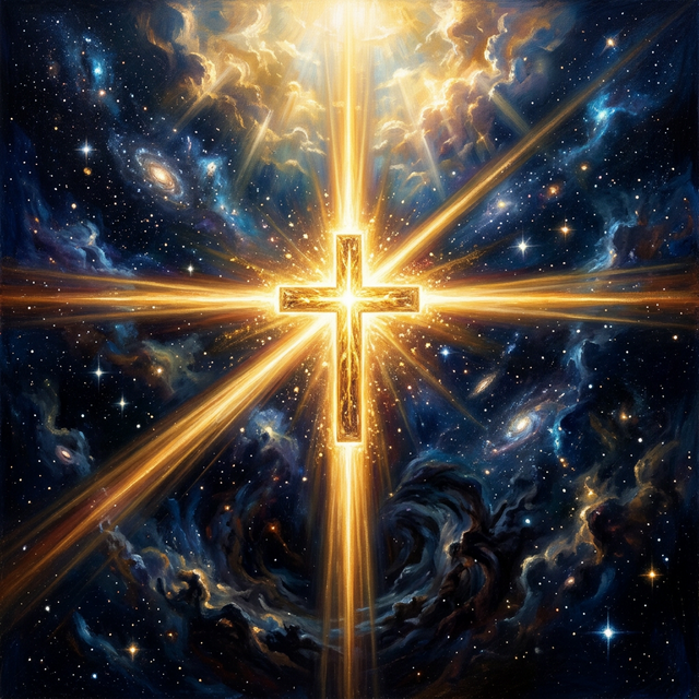 Luminous cross radiating in four directions through cosmic space
