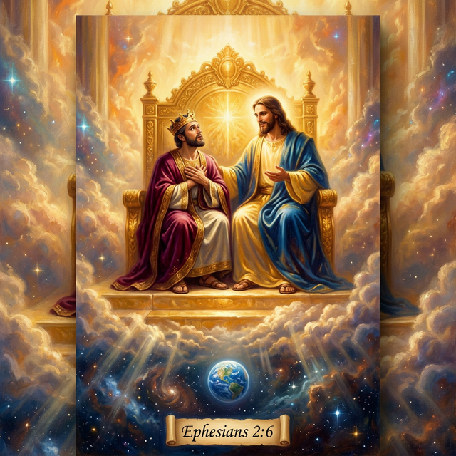 Man enthroned next to Christ high above the earth, bathed in golden light
