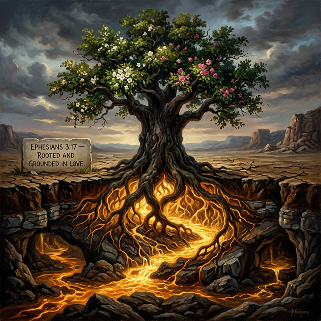 Ancient tree blooming in a wasteland, roots reaching deep into golden underground rivers