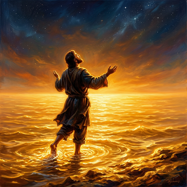 Figure stepping into an infinite ocean of golden light stretching to infinity