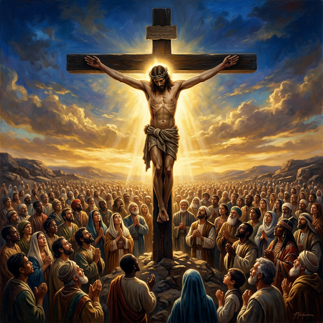 Christ on the cross, arms reaching over a vast multitude from every nation