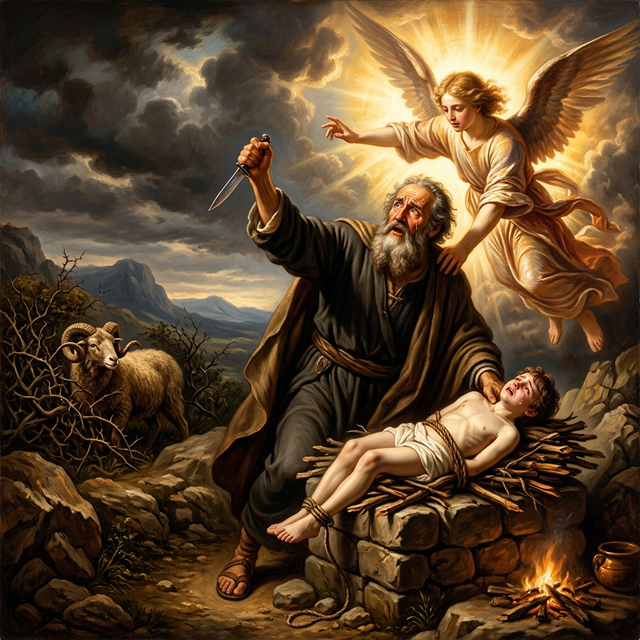 Abraham's hand stopped by angel, Isaac on altar, ram in thicket