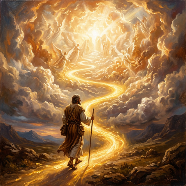 Man walking along a glowing golden path ascending into heavenly light