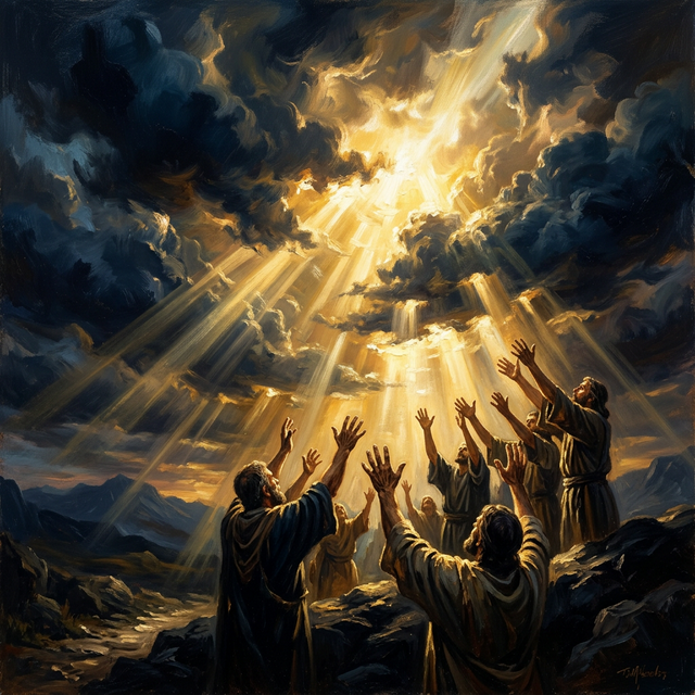 Hands reaching upward toward divine light breaking through darkness