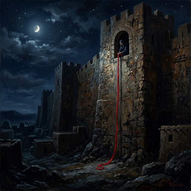 Scarlet crimson cord hanging from the ancient wall of Jericho at night