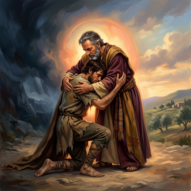 Caught for an Embrace — Father embracing returning son