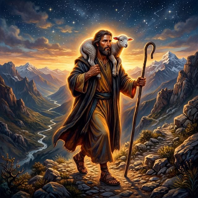 The Good Shepherd carrying a lamb through wilderness mountains
