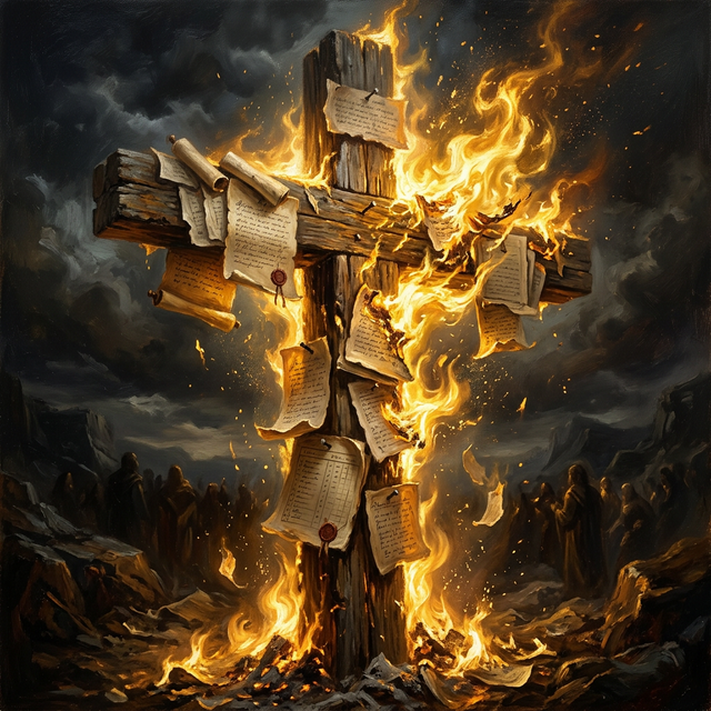 A cross with scrolls of debt nailed to it, dissolving in fire