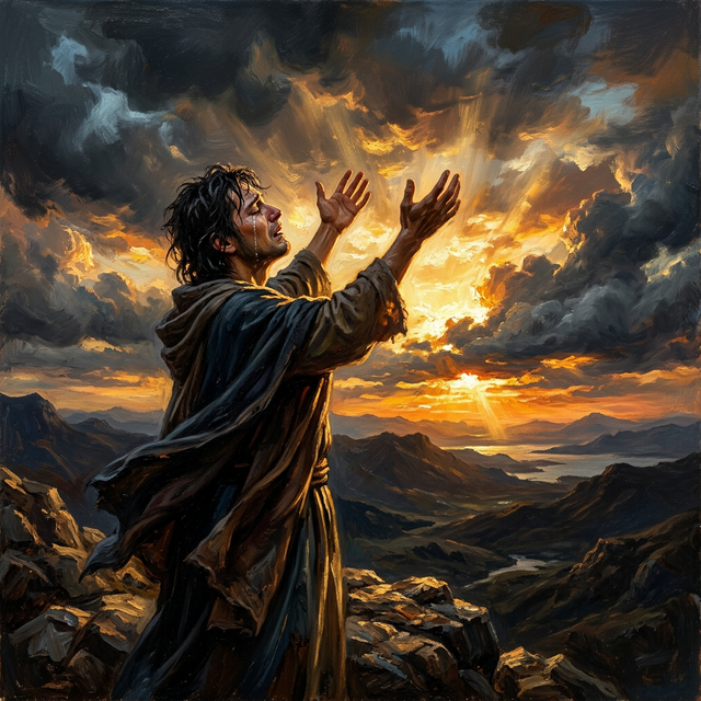 A figure lifting hands in worship with tears, sunrise breaking through storm