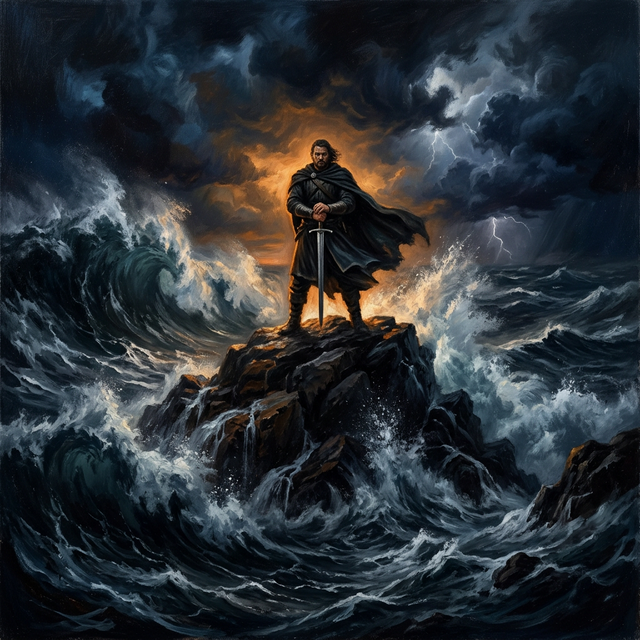 A figure standing firm on a rock amid crashing dark waves