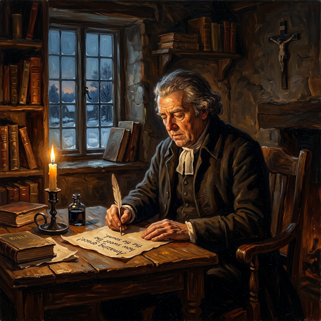 Newton writing Amazing Grace by candlelight