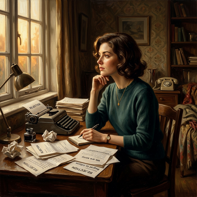 Jackie at desk with rejection letters