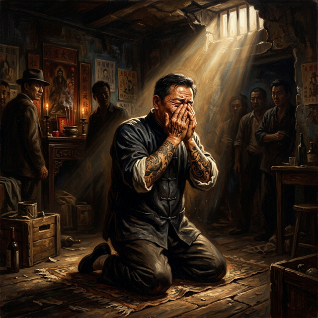 Gang member weeping in repentance