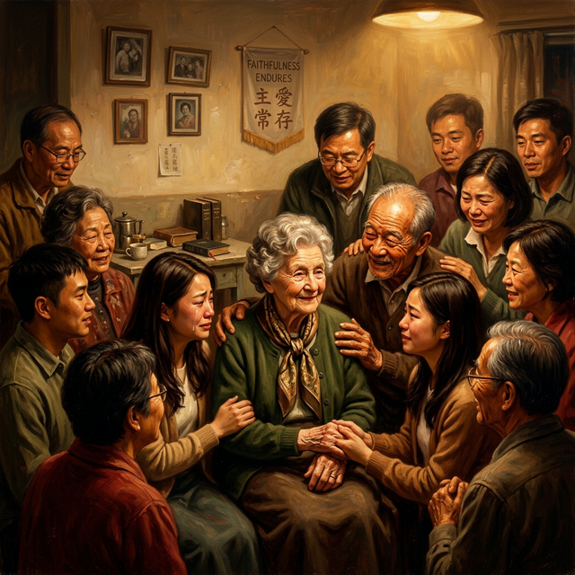 Elderly Jackie surrounded by believers