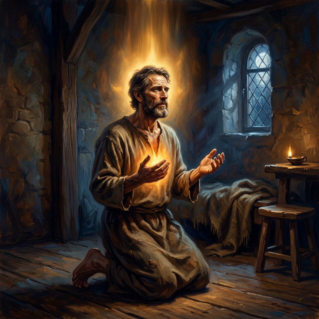 Man kneeling in prayer, spirit luminous over body