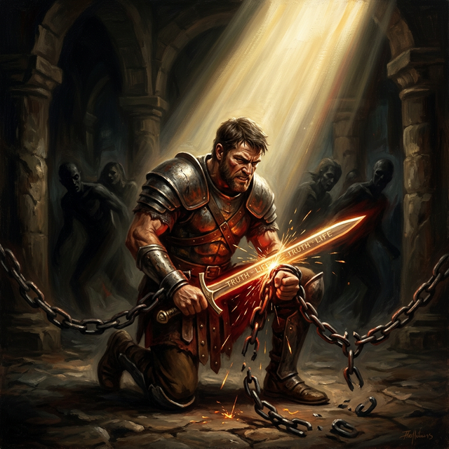 Warrior cutting chains with a glowing sword