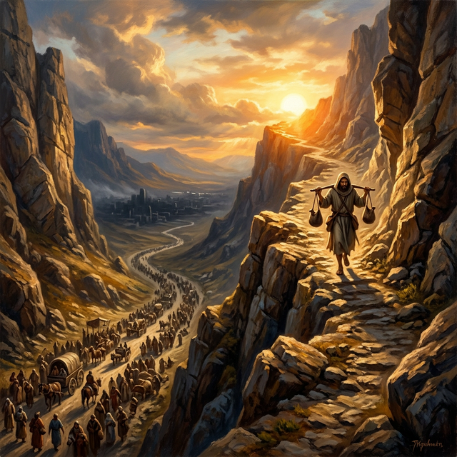 Narrow mountain path bathed in golden light