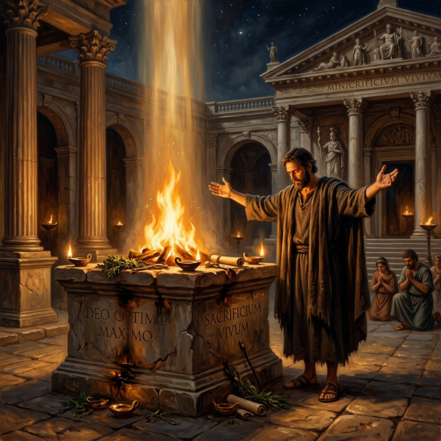 Man at ancient altar presenting himself as a living sacrifice