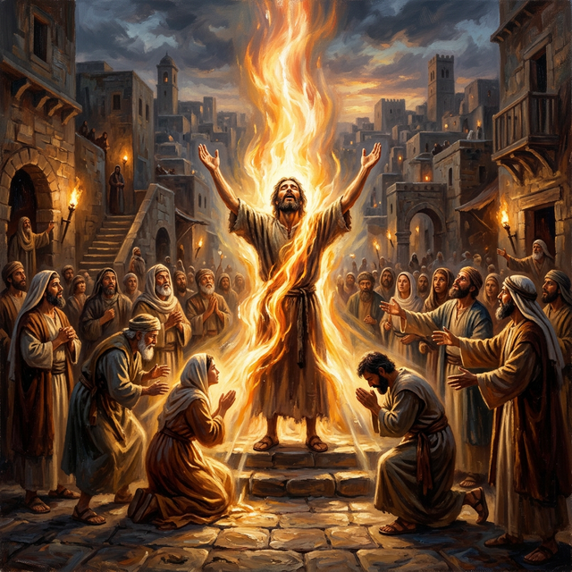 A person ablaze with the Spirit, serving others in an ancient city