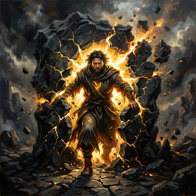 A figure breaking free from a dark mold — golden light cracking through