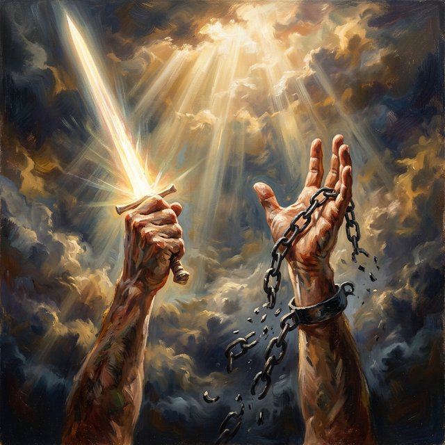 Hands reaching upward — one holding a sword of light, one releasing chains