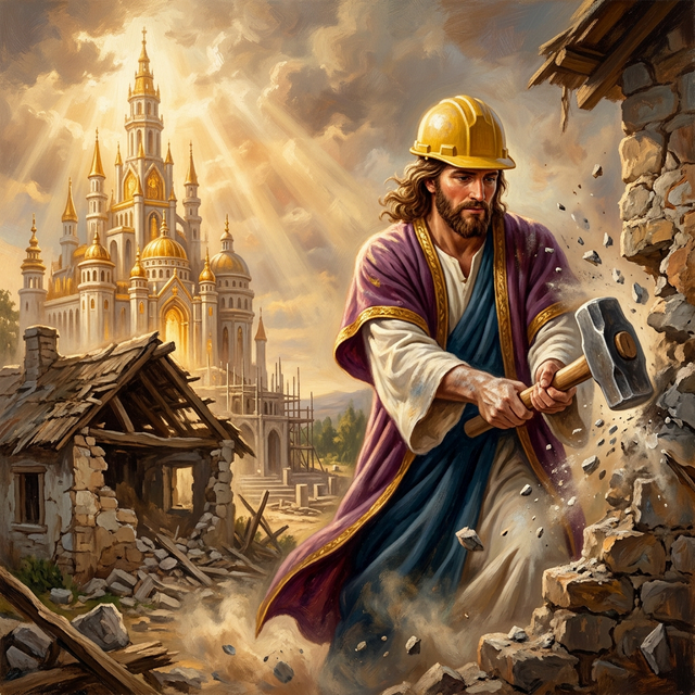 A mind being renovated — old walls crumbling, new architecture of light rising