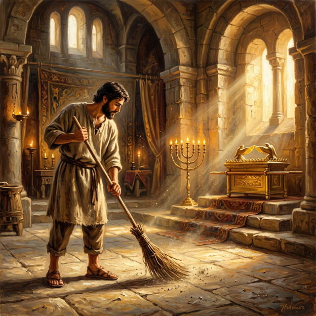 A man sweeping a golden-lit Hebrew temple interior
