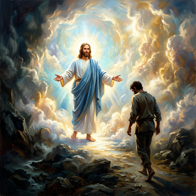 Christ with arms open surrounded by celestial light and peace