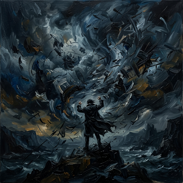 Person standing in a storm of swirling anxious thoughts