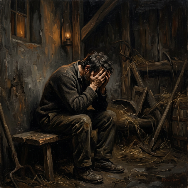 Figure sitting in darkness with weight on shoulders