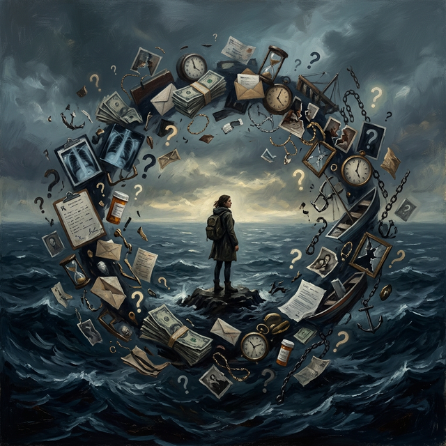 Vast ocean of worries surrounding a small figure