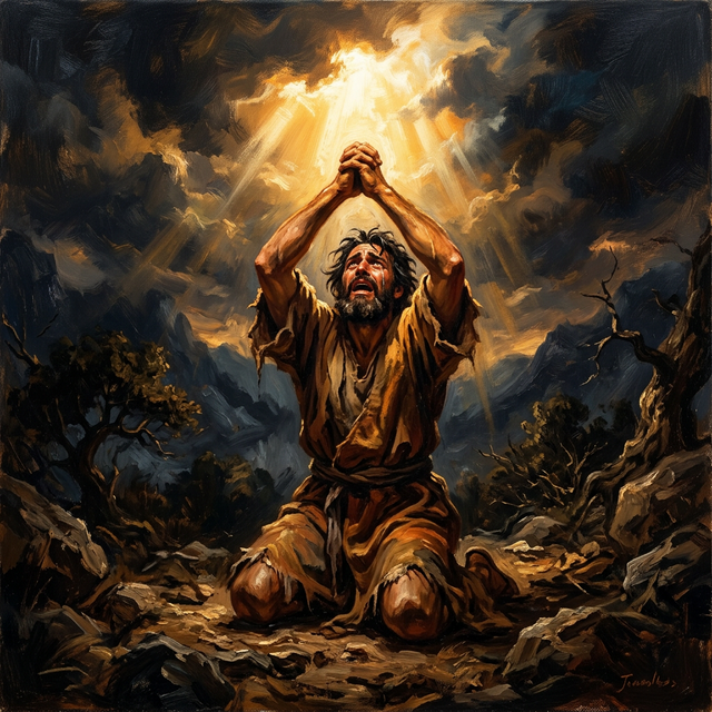 Person on knees with hands raised desperately toward heaven