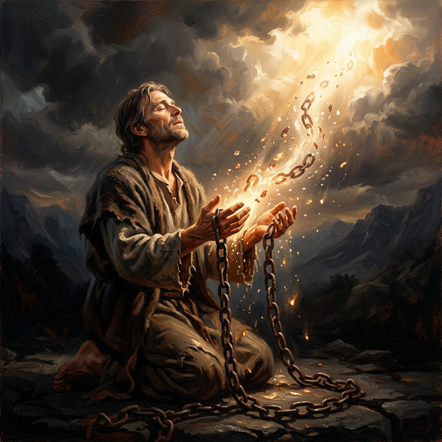 Person releasing a heavy chain into God's hands