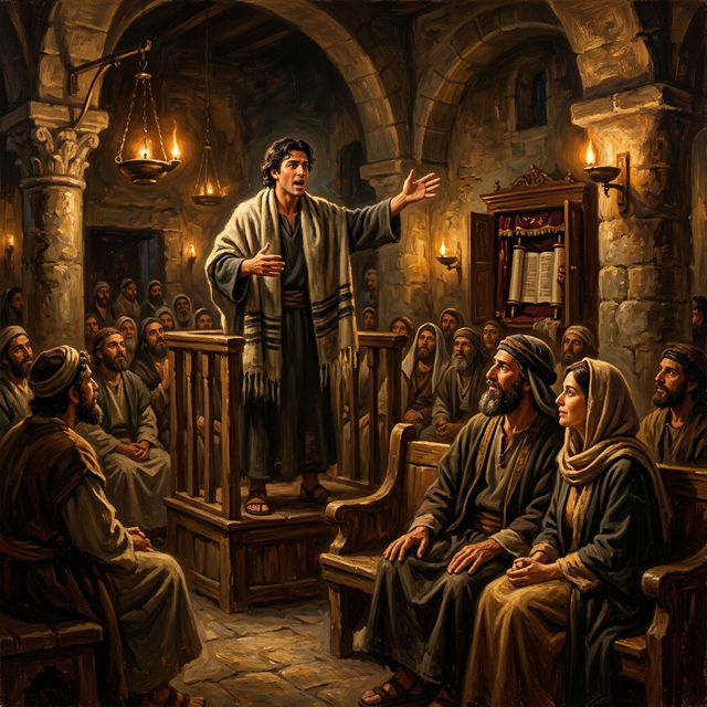 Apollos preaching passionately in a synagogue while Priscilla and Aquila listen