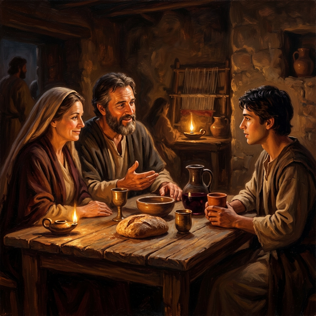 Priscilla and Aquila hosting Apollos at their dinner table in warm lamplight