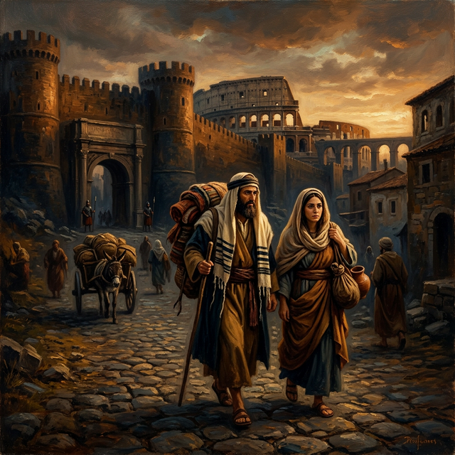 Priscilla and Aquila leaving Rome with belongings, ancient Roman backdrop