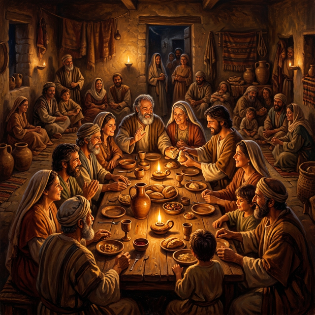 Warm home interior with people gathered for worship and a shared meal