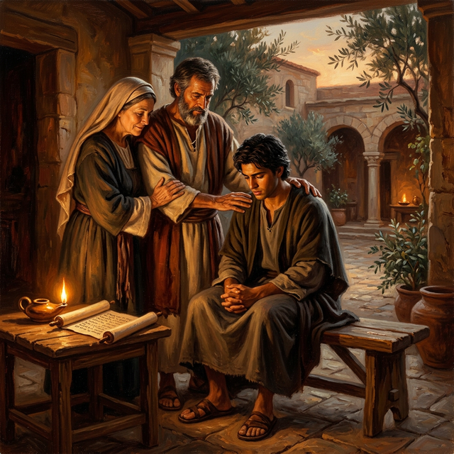 Apollos sitting humbly listening to Priscilla and Aquila by candlelight