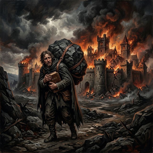 City of Destruction — man with burden on his back, doomed city behind
